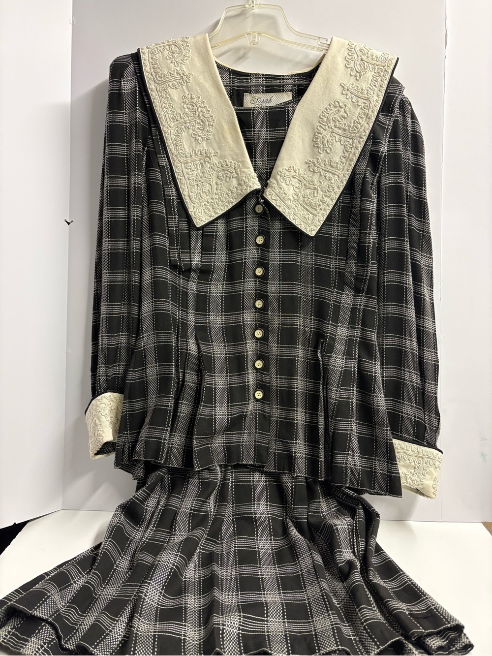 Sarah Elizabeth Black & Cream Embroidered Plaid Top